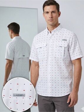 Men’s Habit Fish Print Short Sleeve Button Down Shirt Size S(A689)